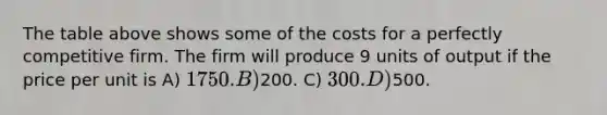 The table above shows some of the costs for a perfectly competitive firm. The firm will produce 9 units of output if the price per unit is A) 1750. B)200. C) 300. D)500.