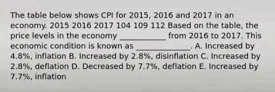 The table below shows CPI for 2015, 2016 and 2017 in an economy. 2015 2016 2017 104 109 112 Based on the table, the price levels in the economy ____________ from 2016 to 2017. This economic condition is known as ______________. A. Increased by 4.8%, inflation B. Increased by 2.8%, disinflation C. Increased by 2.8%, deflation D. Decreased by 7.7%, deflation E. Increased by 7.7%, inflation