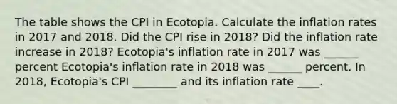 The table shows the CPI in Ecotopia. Calculate the inflation rates in 2017 and 2018. Did the CPI rise in 2018​? Did the inflation rate increase in 2018​? Ecotopia's inflation rate in 2017 was ______ percent Ecotopia​'s inflation rate in 2018 was ______ percent. In 2018, Ecotopia's CPI ________ and its inflation rate ____.