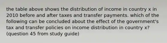 the table above shows the distribution of income in country x in 2010 before and after taxes and transfer payments. which of the following can be concluded about the effect of the government's tax and transfer policies on income distribution in country x? (question 45 from study guide)