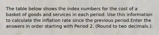 The table below shows the index numbers for the cost of a basket of goods and services in each period. Use this information to calculate the inflation rate since the previous period.Enter the answers in order starting with Period 2. (Round to two decimals.).