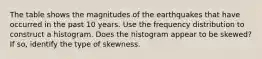 The table shows the magnitudes of the earthquakes that have occurred in the past 10 years. Use the frequency distribution to construct a histogram. Does the histogram appear to be​ skewed? If​ so, identify the type of skewness.