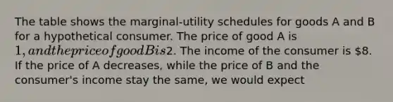 The table shows the marginal-utility schedules for goods A and B for a hypothetical consumer. The price of good A is 1, and the price of good B is2. The income of the consumer is 8. If the price of A decreases, while the price of B and the consumer's income stay the same, we would expect