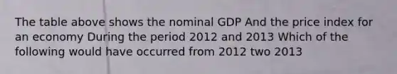 The table above shows the nominal GDP And the price index for an economy During the period 2012 and 2013 Which of the following would have occurred from 2012 two 2013