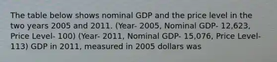 The table below shows nominal GDP and the price level in the two years 2005 and 2011. (Year- 2005, Nominal GDP- 12,623, Price Level- 100) (Year- 2011, Nominal GDP- 15,076, Price Level- 113) GDP in 2011, measured in 2005 dollars was