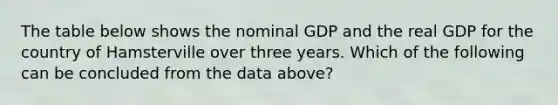 The table below shows the nominal GDP and the real GDP for the country of Hamsterville over three years. Which of the following can be concluded from the data above?