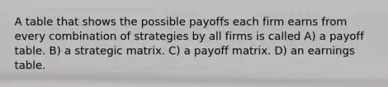 A table that shows the possible payoffs each firm earns from every combination of strategies by all firms is called A) a payoff table. B) a strategic matrix. C) a payoff matrix. D) an earnings table.