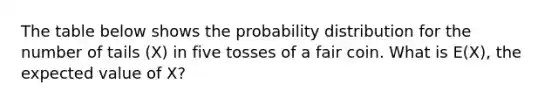 The table below shows the probability distribution for the number of tails (X) in five tosses of a fair coin. What is E(X), the expected value of X?