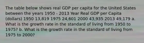 The table below shows real GDP per capita for the United States between the years 1950 - 2013 Year Real GDP per Capita (dollars) 1950 13,819 1975 24,601 2000 43,935 2013 49,179 a. What is the growth rate in the standard of living from 1950 to 1975? b. What is the growth rate in the standard of living from 1975 to 2000?