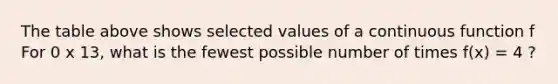 The table above shows selected values of a continuous function f For 0 x 13, what is the fewest possible number of times f(x) = 4 ?