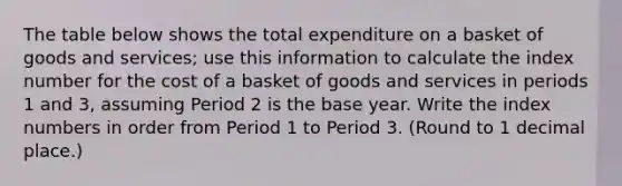 The table below shows the total expenditure on a basket of goods and services; use this information to calculate the index number for the cost of a basket of goods and services in periods 1 and 3, assuming Period 2 is the base year. Write the index numbers in order from Period 1 to Period 3. (Round to 1 decimal place.)