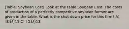 (Table: Soybean Cost) Look at the table Soybean Cost. The costs of production of a perfectly competitive soybean farmer are given in the table. What is the shut-down price for this firm? A) 10 B)11 C) 12 D)13