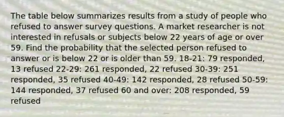 The table below summarizes results from a study of people who refused to answer survey questions. A market researcher is not interested in refusals or subjects below 22 years of age or over 59. Find the probability that the selected person refused to answer or is below 22 or is older than 59. 18-21: 79 responded, 13 refused 22-29: 261 responded, 22 refused 30-39: 251 responded, 35 refused 40-49: 142 responded, 28 refused 50-59: 144 responded, 37 refused 60 and over: 208 responded, 59 refused