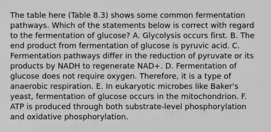 The table here (Table 8.3) shows some common fermentation pathways. Which of the statements below is correct with regard to the fermentation of glucose? A. Glycolysis occurs first. B. The end product from fermentation of glucose is pyruvic acid. C. Fermentation pathways differ in the reduction of pyruvate or its products by NADH to regenerate NAD+. D. Fermentation of glucose does not require oxygen. Therefore, it is a type of anaerobic respiration. E. In eukaryotic microbes like Baker's yeast, fermentation of glucose occurs in the mitochondrion. F. ATP is produced through both substrate-level phosphorylation and oxidative phosphorylation.