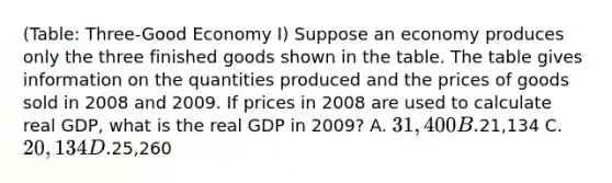 (Table: Three-Good Economy I) Suppose an economy produces only the three finished goods shown in the table. The table gives information on the quantities produced and the prices of goods sold in 2008 and 2009. If prices in 2008 are used to calculate real GDP, what is the real GDP in 2009? A. 31,400 B.21,134 C. 20,134 D.25,260