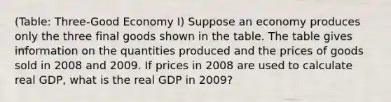 (Table: Three-Good Economy I) Suppose an economy produces only the three final goods shown in the table. The table gives information on the quantities produced and the prices of goods sold in 2008 and 2009. If prices in 2008 are used to calculate real GDP, what is the real GDP in 2009?