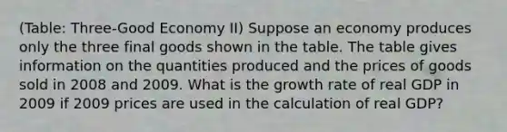 (Table: Three-Good Economy II) Suppose an economy produces only the three final goods shown in the table. The table gives information on the quantities produced and the prices of goods sold in 2008 and 2009. What is the growth rate of real GDP in 2009 if 2009 prices are used in the calculation of real GDP?