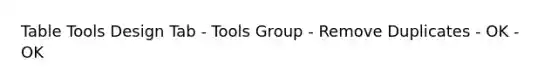 Table Tools Design Tab - Tools Group - Remove Duplicates - OK - OK