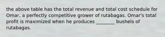 the above table has the total revenue and total cost schedule for Omar, a perfectly competitive grower of rutabagas. Omar's total profit is maximized when he produces ________ bushels of rutabagas.