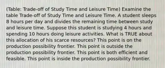 (Table: Trade-off of Study Time and Leisure Time) Examine the table Trade-off of Study Time and Leisure Time. A student sleeps 8 hours per day and divides the remaining time between study and leisure time. Suppose this student is studying 4 hours and spending 10 hours doing leisure activities. What is TRUE about this allocation of his scarce resources? This point is on the production possibility frontier. This point is outside the production possibility frontier. This point is both efficient and feasible. This point is inside the production possibility frontier.