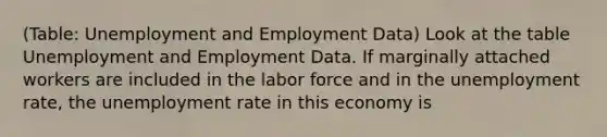 (Table: Unemployment and Employment Data) Look at the table Unemployment and Employment Data. If marginally attached workers are included in the labor force and in the <a href='https://www.questionai.com/knowledge/kh7PJ5HsOk-unemployment-rate' class='anchor-knowledge'>unemployment rate</a>, the unemployment rate in this economy is