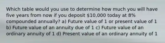 Which table would you use to determine how much you will have five years from now if you deposit 10,000 today at 8% compounded annually? a) Future value of 1 or present value of 1 b) Future value of an annuity due of 1 c) Future value of an ordinary annuity of 1 d) Present value of an ordinary annuity of 1