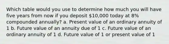 Which table would you use to determine how much you will have five years from now if you deposit 10,000 today at 8% compounded annually? a. Present value of an ordinary annuity of 1 b. Future value of an annuity due of 1 c. Future value of an ordinary annuity of 1 d. Future value of 1 or present value of 1