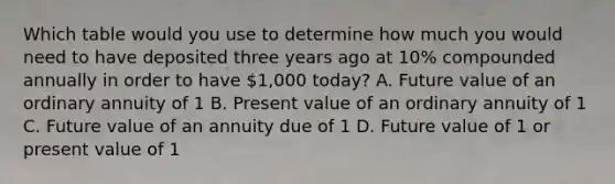 Which table would you use to determine how much you would need to have deposited three years ago at 10% compounded annually in order to have 1,000 today? A. Future value of an ordinary annuity of 1 B. Present value of an ordinary annuity of 1 C. Future value of an annuity due of 1 D. Future value of 1 or present value of 1