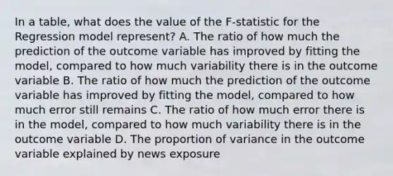 In a table, what does the value of the F-statistic for the Regression model represent? A. The ratio of how much the prediction of the outcome variable has improved by fitting the model, compared to how much variability there is in the outcome variable B. The ratio of how much the prediction of the outcome variable has improved by fitting the model, compared to how much error still remains C. The ratio of how much error there is in the model, compared to how much variability there is in the outcome variable D. The proportion of variance in the outcome variable explained by news exposure