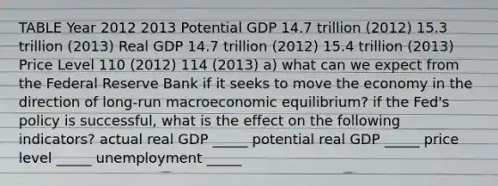 TABLE Year 2012 2013 Potential GDP 14.7 trillion (2012) 15.3 trillion (2013) Real GDP 14.7 trillion (2012) 15.4 trillion (2013) Price Level 110 (2012) 114 (2013) a) what can we expect from the Federal Reserve Bank if it seeks to move the economy in the direction of​ long-run macroeconomic​ equilibrium? if the​ Fed's policy is​ successful, what is the effect on the following​ indicators? actual real GDP _____ potential real GDP _____ price level _____ unemployment _____