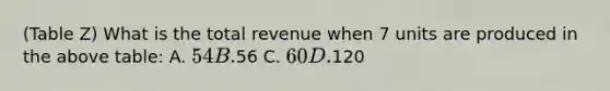 (Table Z) What is the total revenue when 7 units are produced in the above table: A. 54 B.56 C. 60 D.120