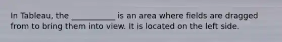 In Tableau, the ___________ is an area where fields are dragged from to bring them into view. It is located on the left side.