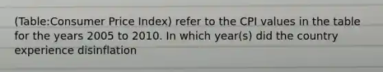 (Table:Consumer Price Index) refer to the CPI values in the table for the years 2005 to 2010. In which year(s) did the country experience disinflation