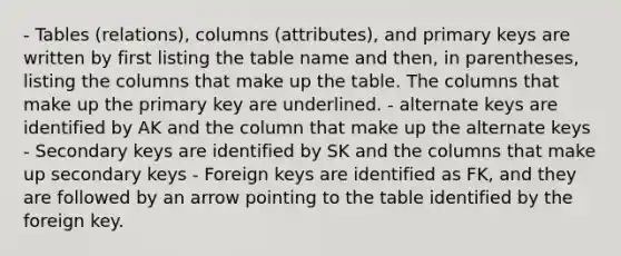 - Tables (relations), columns (attributes), and primary keys are written by first listing the table name and then, in parentheses, listing the columns that make up the table. The columns that make up the primary key are underlined. - alternate keys are identified by AK and the column that make up the alternate keys - Secondary keys are identified by SK and the columns that make up secondary keys - Foreign keys are identified as FK, and they are followed by an arrow pointing to the table identified by the foreign key.