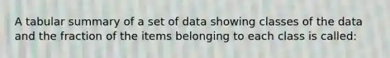 A tabular summary of a set of data showing classes of the data and the fraction of the items belonging to each class is called: