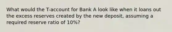 What would the T-account for Bank A look like when it loans out the excess reserves created by the new deposit, assuming a required reserve ratio of 10%?