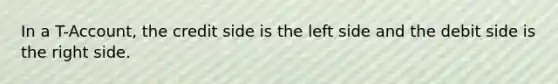 In a​ T-Account, the credit side is the left side and the debit side is the right side.