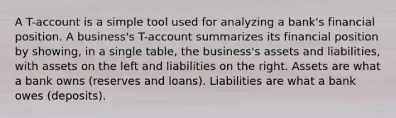 A T-account is a simple tool used for analyzing a bank's financial position. A business's T-account summarizes its financial position by showing, in a single table, the business's assets and liabilities, with assets on the left and liabilities on the right. Assets are what a bank owns (reserves and loans). Liabilities are what a bank owes (deposits).