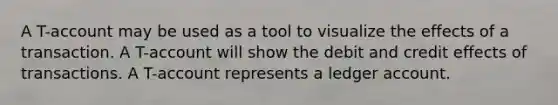 A T-account may be used as a tool to visualize the effects of a transaction. A T-account will show the debit and credit effects of transactions. A T-account represents a ledger account.