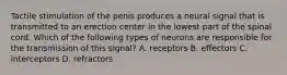 Tactile stimulation of the penis produces a neural signal that is transmitted to an erection center in the lowest part of the spinal cord. Which of the following types of neurons are responsible for the transmission of this signal? A. receptors B. effectors C. interceptors D. refractors