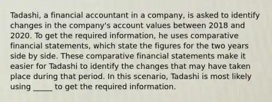 Tadashi, a financial accountant in a company, is asked to identify changes in the company's account values between 2018 and 2020. To get the required information, he uses comparative financial statements, which state the figures for the two years side by side. These comparative financial statements make it easier for Tadashi to identify the changes that may have taken place during that period. In this scenario, Tadashi is most likely using _____ to get the required information.