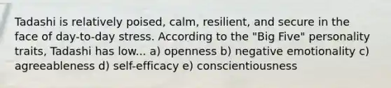 Tadashi is relatively poised, calm, resilient, and secure in the face of day-to-day stress. According to the "Big Five" personality traits, Tadashi has low... a) openness b) negative emotionality c) agreeableness d) self-efficacy e) conscientiousness