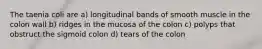 The taenia coli are a) longitudinal bands of smooth muscle in the colon wall b) ridges in the mucosa of the colon c) polyps that obstruct the sigmoid colon d) tears of the colon