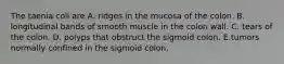 The taenia coli are A. ridges in the mucosa of the colon. B. longitudinal bands of smooth muscle in the colon wall. C. tears of the colon. D. polyps that obstruct the sigmoid colon. E.tumors normally confined in the sigmoid colon.