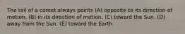 The tail of a comet always points (A) opposite to its direction of motion. (B) in its direction of motion. (C) toward the Sun. (D) away from the Sun. (E) toward the Earth.