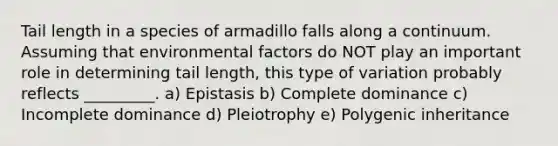 Tail length in a species of armadillo falls along a continuum. Assuming that environmental factors do NOT play an important role in determining tail length, this type of variation probably reflects _________. a) Epistasis b) Complete dominance c) Incomplete dominance d) Pleiotrophy e) Polygenic inheritance