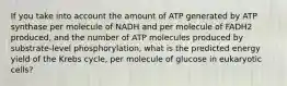 If you take into account the amount of ATP generated by ATP synthase per molecule of NADH and per molecule of FADH2 produced, and the number of ATP molecules produced by substrate-level phosphorylation, what is the predicted energy yield of the Krebs cycle, per molecule of glucose in eukaryotic cells?