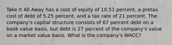 Take It All Away has a cost of equity of 10.51 percent, a pretax cost of debt of 5.25 percent, and a tax rate of 21 percent. The company's capital structure consists of 67 percent debt on a book value basis, but debt is 27 percent of the company's value on a market value basis. What is the company's WACC?