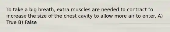 To take a big breath, extra muscles are needed to contract to increase the size of the chest cavity to allow more air to enter. A) True B) False