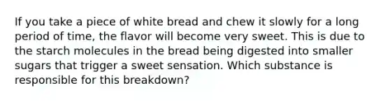 If you take a piece of white bread and chew it slowly for a long period of time, the flavor will become very sweet. This is due to the starch molecules in the bread being digested into smaller sugars that trigger a sweet sensation. Which substance is responsible for this breakdown?